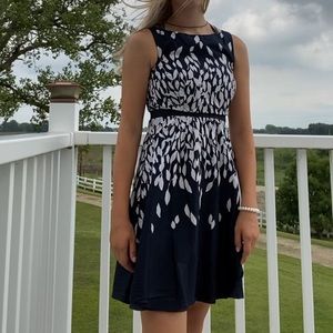 Loft navy blue leaf print A-Line dress